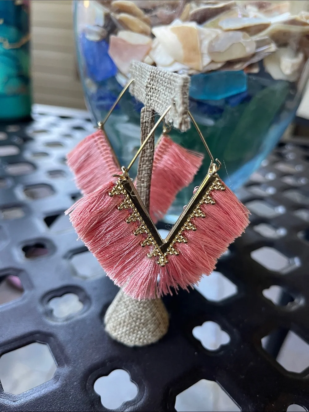Pink Tassel Fringe Drop Earrings, pierced